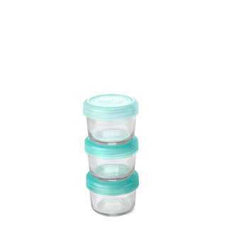 Set of three stackable clear glass food storage containers with aqua teal lids by Swig