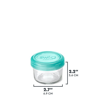 Swig small glass food storage container with teal lid, 2.7 inches wide by 2.2 inches tall