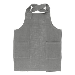 Gray heavyweight cotton smock baker's apron with slip-on neck loop and dual patch pockets