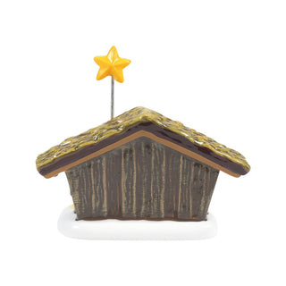 Department 56 Snow Village wooden nativity stable with thatched roof and yellow star