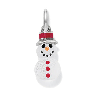 Brighton enamel snowman charm with red top hat, orange nose, and red button details