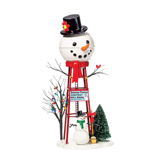 Department 56 Snowman Watertower holiday decoration with red tower structure and snowman head
