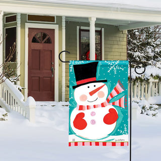 Demdaco blue garden flag featuring a cheerful snowman with red mittens and scarf