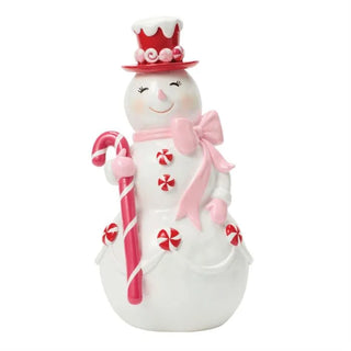 Enesco white ceramic snowman figurine with red top hat, candy cane, and peppermint accents
