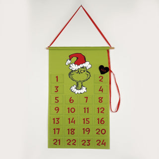 Grinch advent countdown calendar with numbered pockets 1-24 on green felt banner