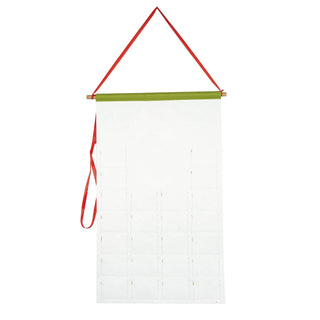 White felt Grinch advent countdown calendar with green roller bar and red hanging ribbon