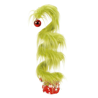 Grinch-inspired wonky spiral Christmas tree with bright green fur and red ornament topper
