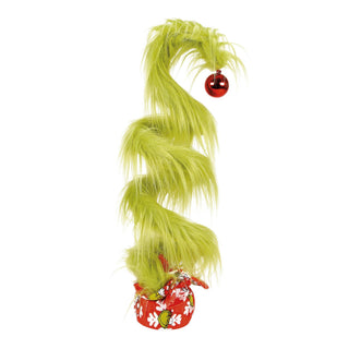 Grinch-themed wonky spiral tree with bright green fur and red Christmas ornament topper