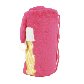 Side view of Barbie Santa pink plush snowthrow blanket with blonde hair and white Santa hat detail