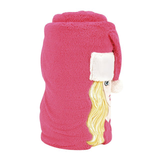 Hot pink rolled fleece throw blanket with embroidered Barbie Santa holiday character appliqué