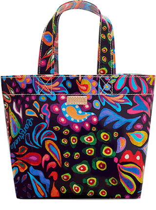Consuela Grab N Go Mini tote in Sophie, vibrant multicolor paisley print on black background