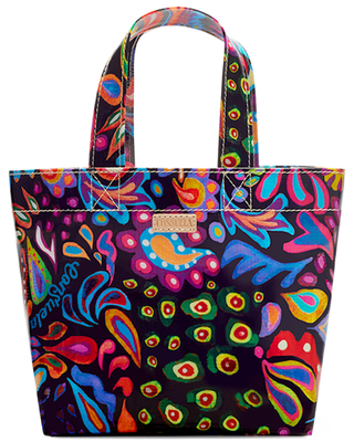 Consuela Grab N Go Mini tote in Sophie, featuring vibrant multicolor paisley pattern on black background