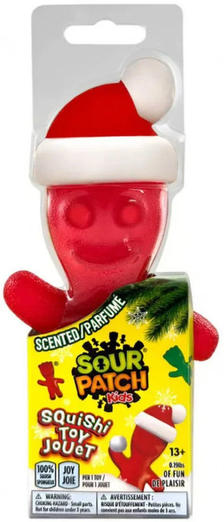 Sour Patch Kids Holiday Santa Squishi scented toy in red with Santa hat packaging