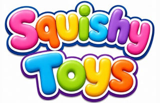 Colorful Squishy Toys logo with bright bubble letters in pink, blue, yellow, and green