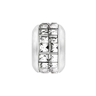 Silver-plated crystal bead charm featuring dual-row faceted square-cut crystals on front face