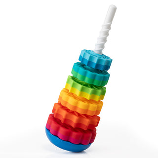 Fat Brain Toys SpinAgain rainbow stacking spinning toy with white spiral rod on white background