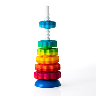 Fat Brain Toys SpinAgain rainbow stacking spin toy with spiral white post on blue base