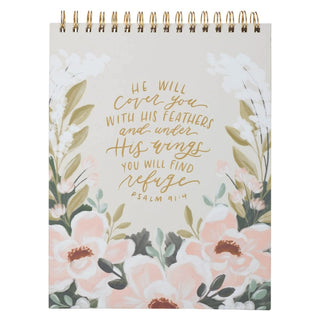 Spiral-bound notepad with Psalm 91:4 verse surrounded by pink and white floral watercolor design