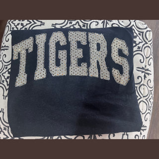 Navy black Tigers Bella Canvas tee with gold speckled sequin block letters