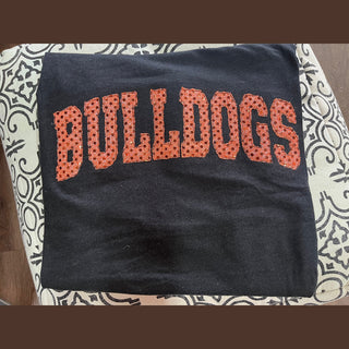 Black heathered Bulldogs spirit tee with arched orange sequin applique