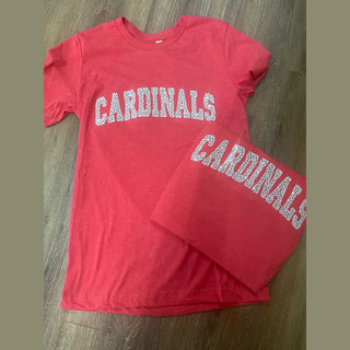 Red heathered Cardinals t-shirt set with dense white sequin lettering