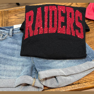 Black Raiders spirit tee with arched red sequins paired with light-wash denim shorts