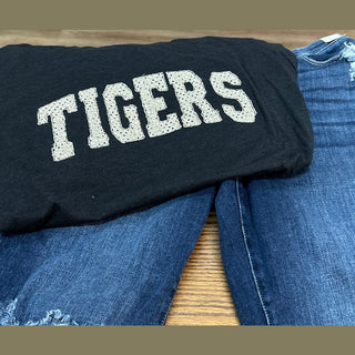 Black Tigers spirit wear shirt with white iridescent sequin applique styled with denim