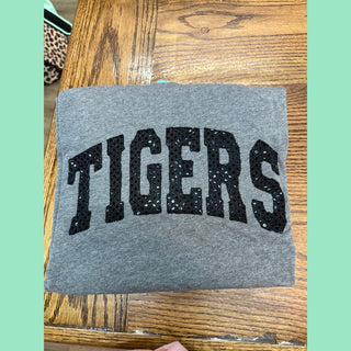 Gray Tigers women's top with black sequin applique and silver flecks