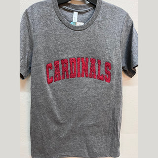 Gray Bella Canvas Cardinals women's top featuring red arched sequins