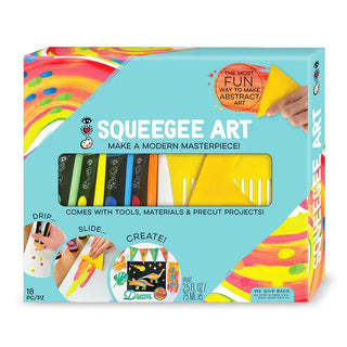 Squeegee Art kit box with neon paint tubes, yellow squeegees, and abstract swirls for kids arts and crafts