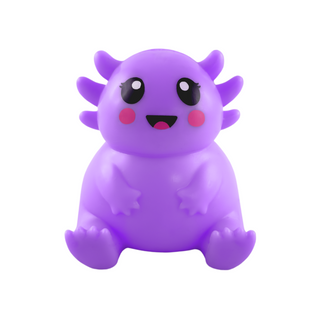 Purple axolotl squishable toy figure with big eyes and rosy cheeks