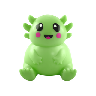 Green axolotl squishable toy figurine with big eyes and pink cheeks