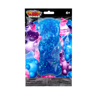 Blue glitter-filled Squishi Gummy Bears squishy toy in retail packaging, ages 6 plus
