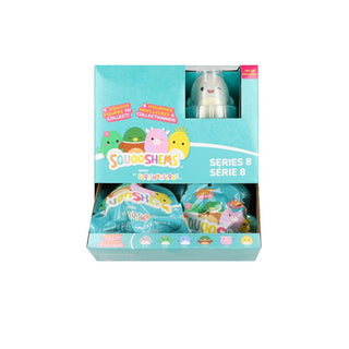 Squishmallows Squooshems Series 8 display box with collectible squishy figures in turquoise packaging