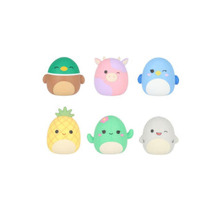 Six cute kawaii-style Squishmallows plushies featuring various characters including unicorn, penguin, pineapple, cactus, a...