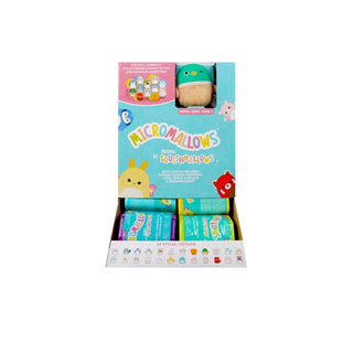 Micromallows collectible display box showing small Squishmallows plush toys with teal character visible