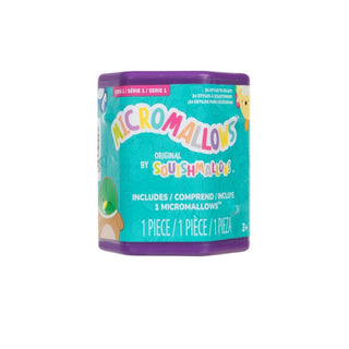 Micromallows Series 1 collectible blind pack container with purple lid and teal packaging