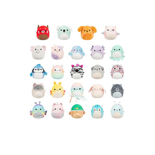 Collection of 25 colorful Squishmallows 2.5 inch plush toys displaying various animal characters
