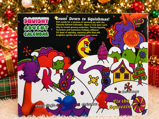 Squishy Advent Calendar box with colorful holiday scene, 24 squishy toy surprises inside