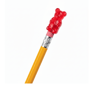 Red gummy bear pencil topper on yellow pencil eraser close-up