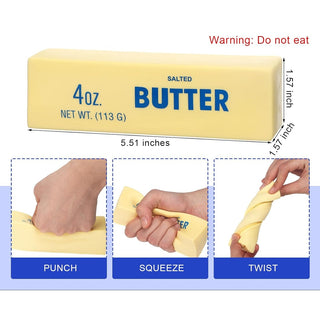 Butter stress ball packaging with size information and usage instructions.