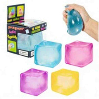 Colorful ice cube-shaped toys with packaging in the background
