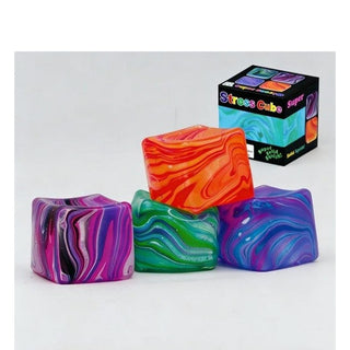 Colorful marbled stress cubes with a box labeled 'Stress Cube' on a white background