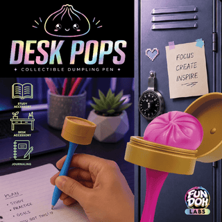 Squishy dumpling-topped novelty pens in tan and pink shown at desk and locker