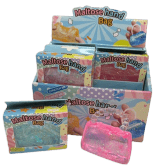 Pink glittery squishy handbag stress reliever toy with slow-rise foam texture in retail packaging