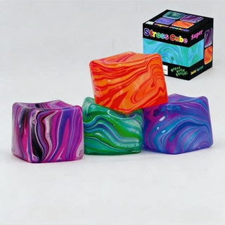 Colorful marbled stress cubes with a box labeled 'Stress Cube' on a white background