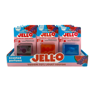 Display box of Jello squishy toys with red, blue, and pink packaging.