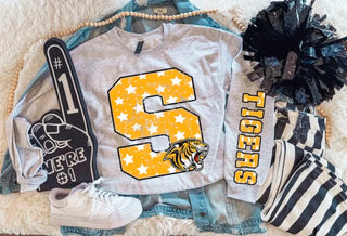 Tigers heather gray varsity sweatshirt with yellow S letter and roaring tiger head