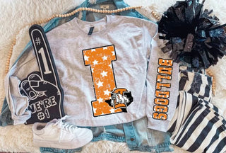 Hermleigh Bulldogs heather gray varsity sweatshirt with orange I and bulldog logo