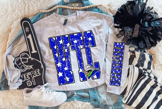 Westerners heather gray varsity sweatshirt with blue WTC letters and cowboy mascot